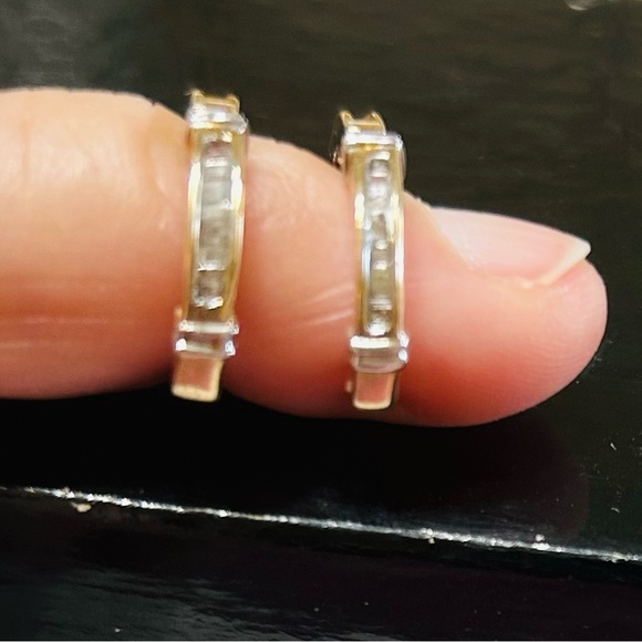 Diamond, 14k gold ear hugging earrings.  White gold accent bars. - Picture 7 of 7